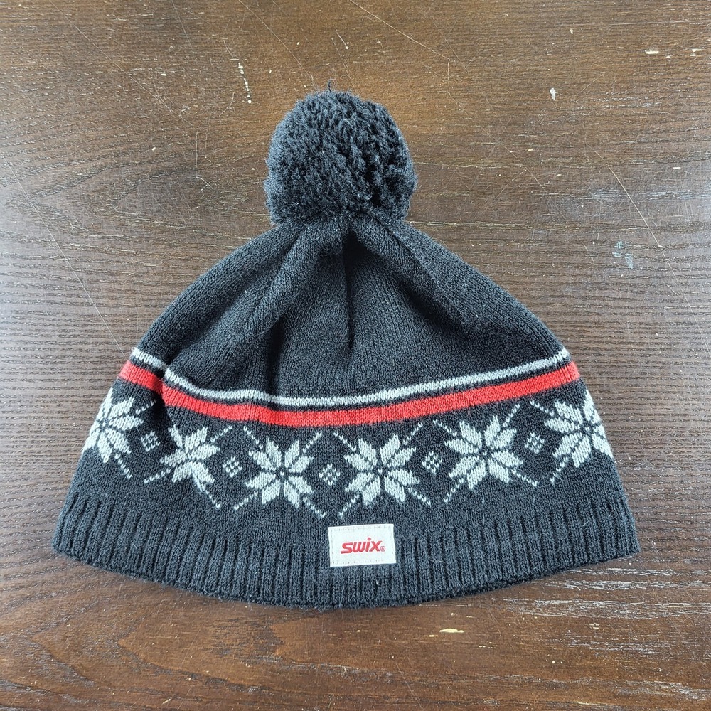 Swix Ski Hat Black Beanie Nordic Snowflake Pattern Pom Pom Red Stripe One Size